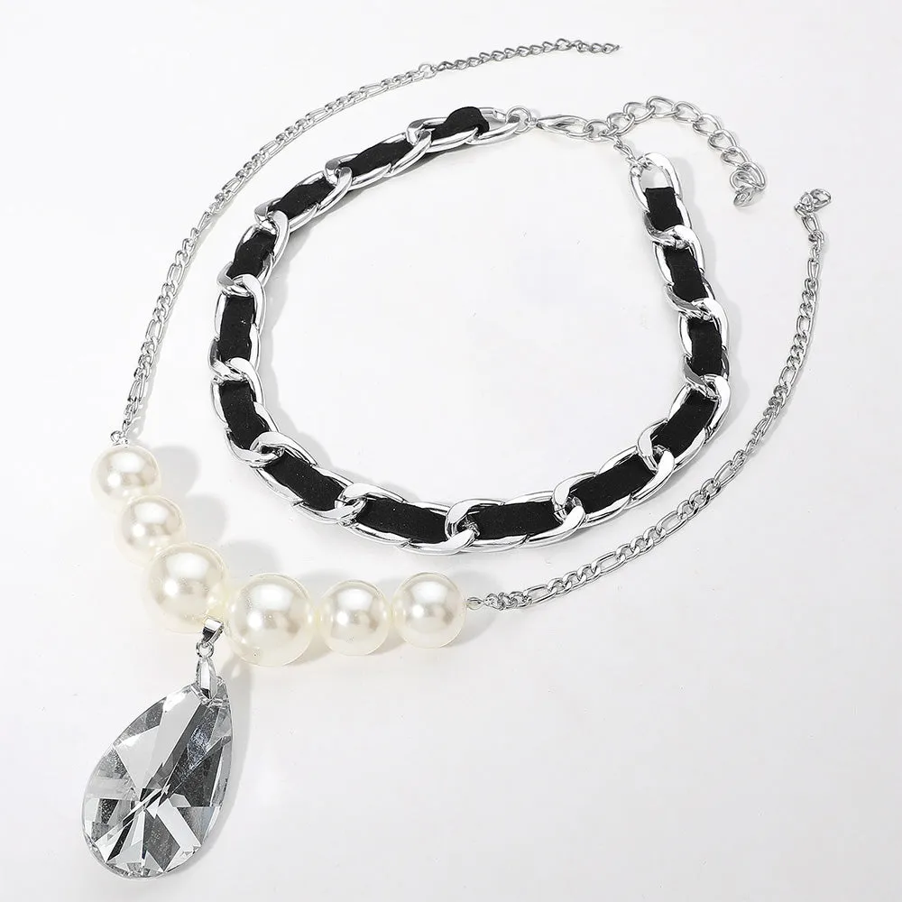 iLLASPARKZ 2PCS - Faux Leather Beaded Chain Pearl Teardrop Stone Pendant Necklace Layered Statement Necklace