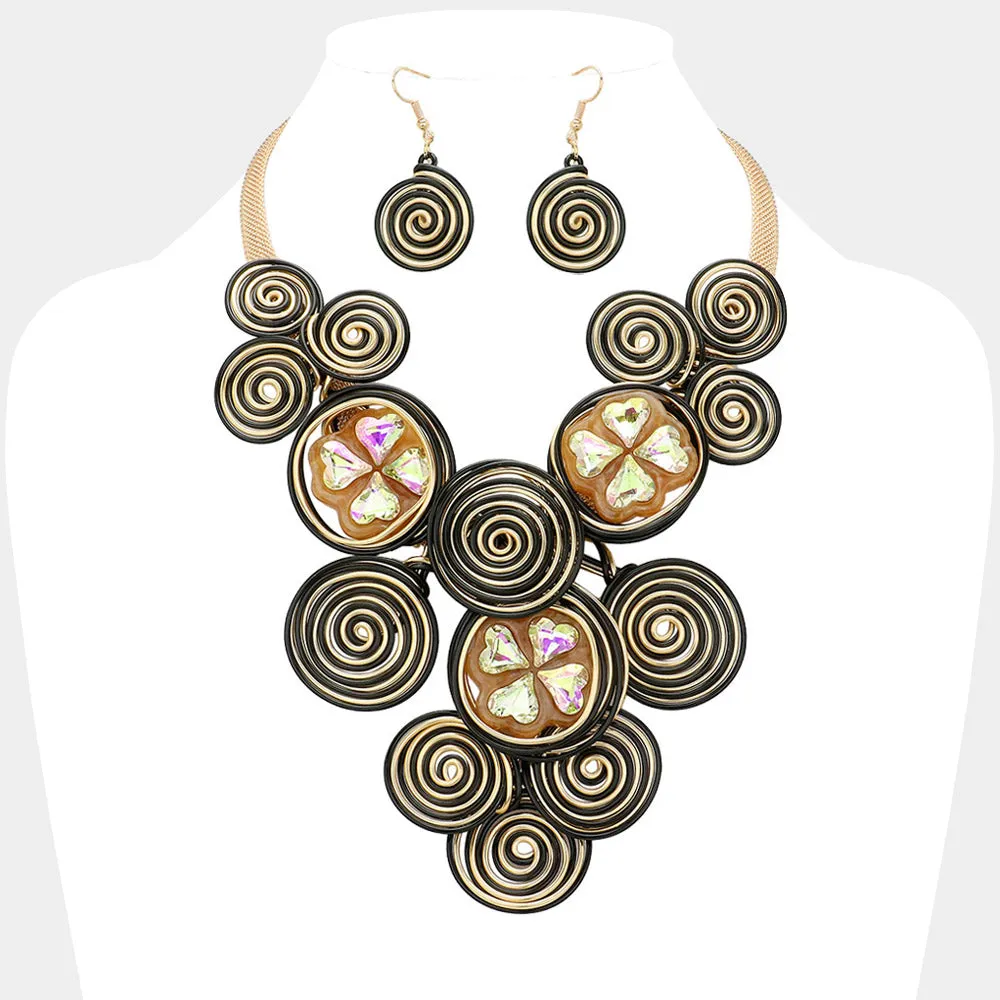 iLLASPARKZ Clover Stone Cluster Pointed Metal Coil Round Embellished Statement Necklace