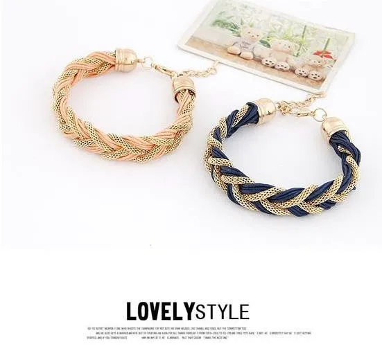 Korean Fashion Elegant Ladies Simple Wild Metal Chain Rope Genuine Leather Braided Bracelets Accessories for Women