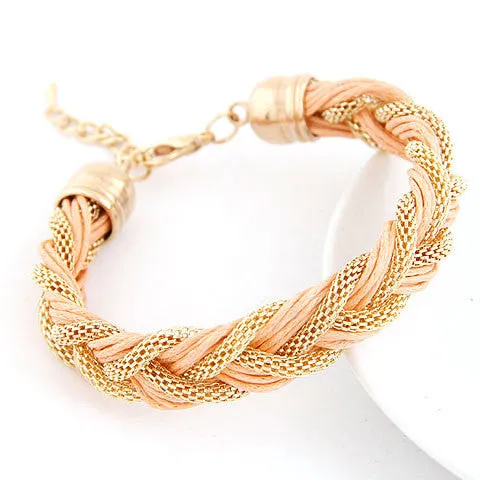 Korean Fashion Elegant Ladies Simple Wild Metal Chain Rope Genuine Leather Braided Bracelets Accessories for Women