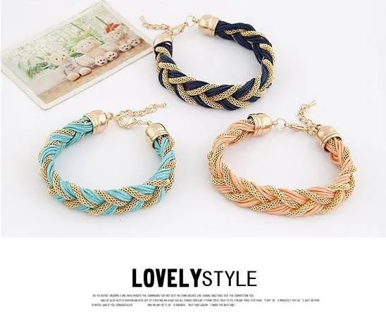 Korean Fashion Elegant Ladies Simple Wild Metal Chain Rope Genuine Leather Braided Bracelets Accessories for Women
