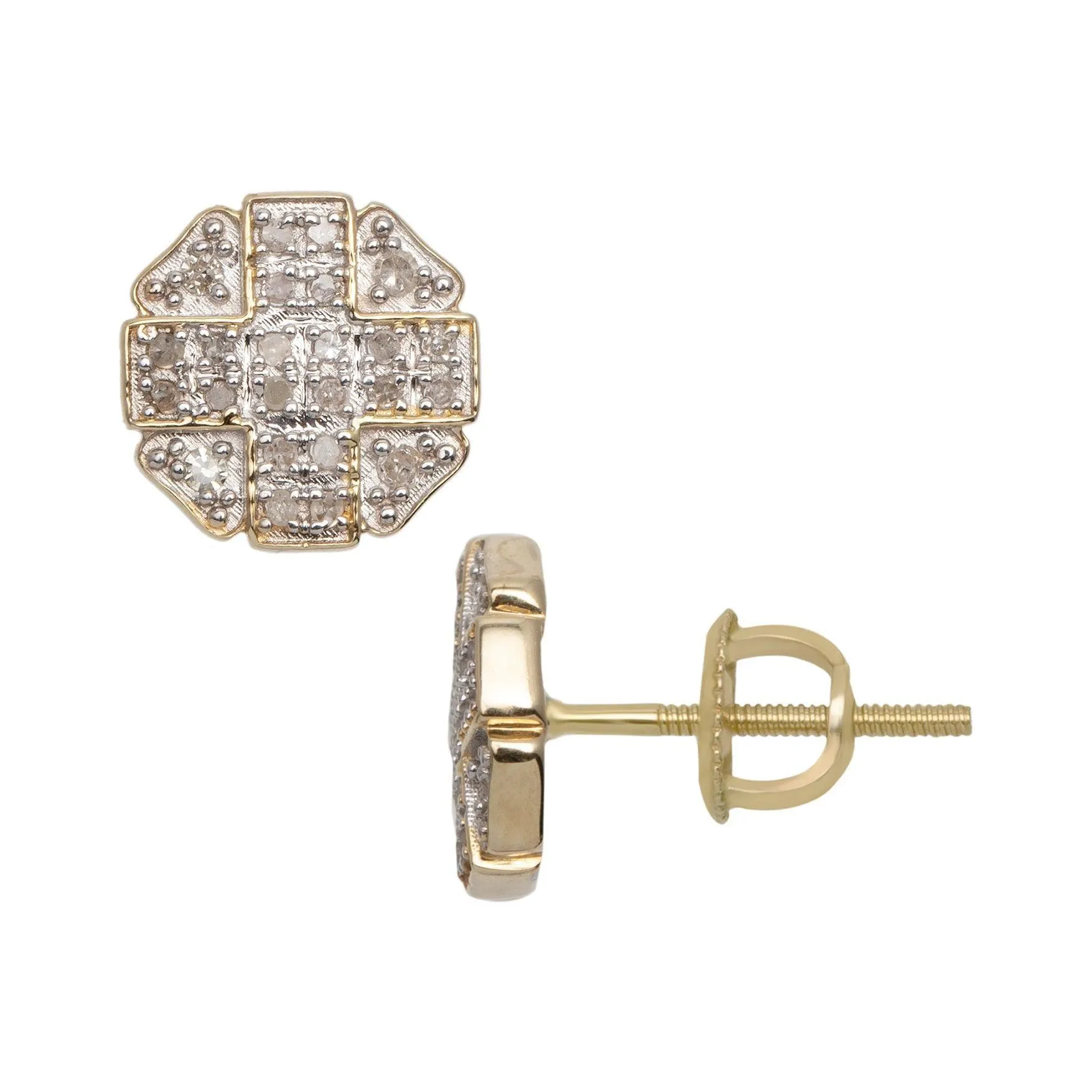 Men's Octagonal Design Micro-Pavé Diamond Stud Earrings 0.17ct 10K Yellow Gold
