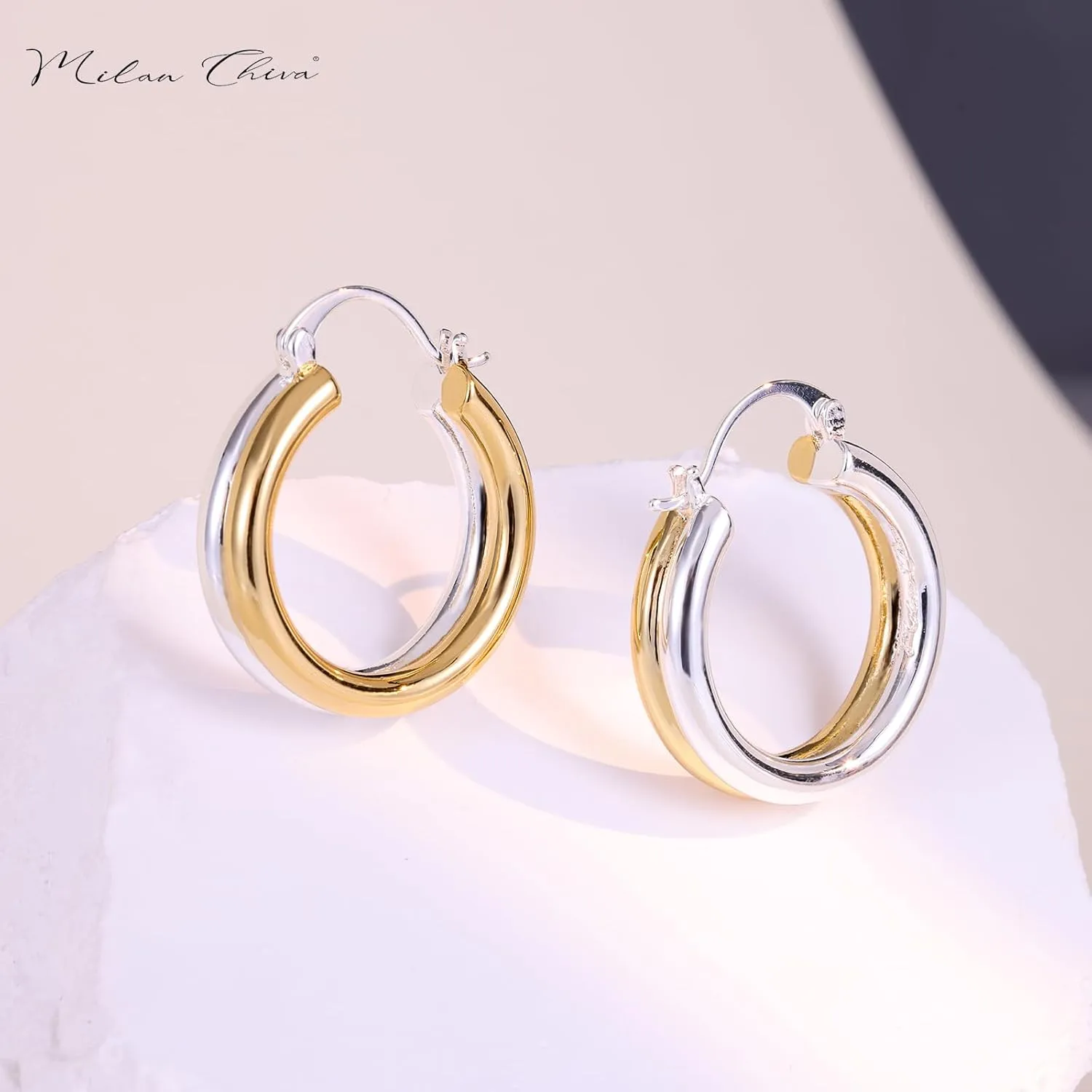 Milan Chiva 14K Gold Hoop Earrings for Women, Plated Chunky Earrings Glitter Sparkle Huggie Dainty Hypoallergenic Hoop Earrings for Womens Jewelry