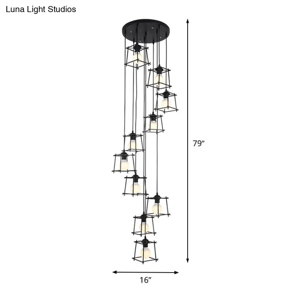 Minimalist Metallic Cube Cage Stair Pendant Light Chandelier - 10 Bulbs, Black Finish