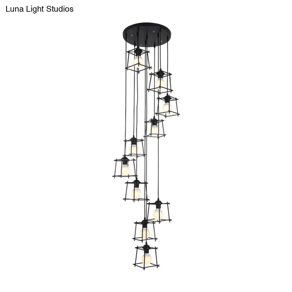 Minimalist Metallic Cube Cage Stair Pendant Light Chandelier - 10 Bulbs, Black Finish