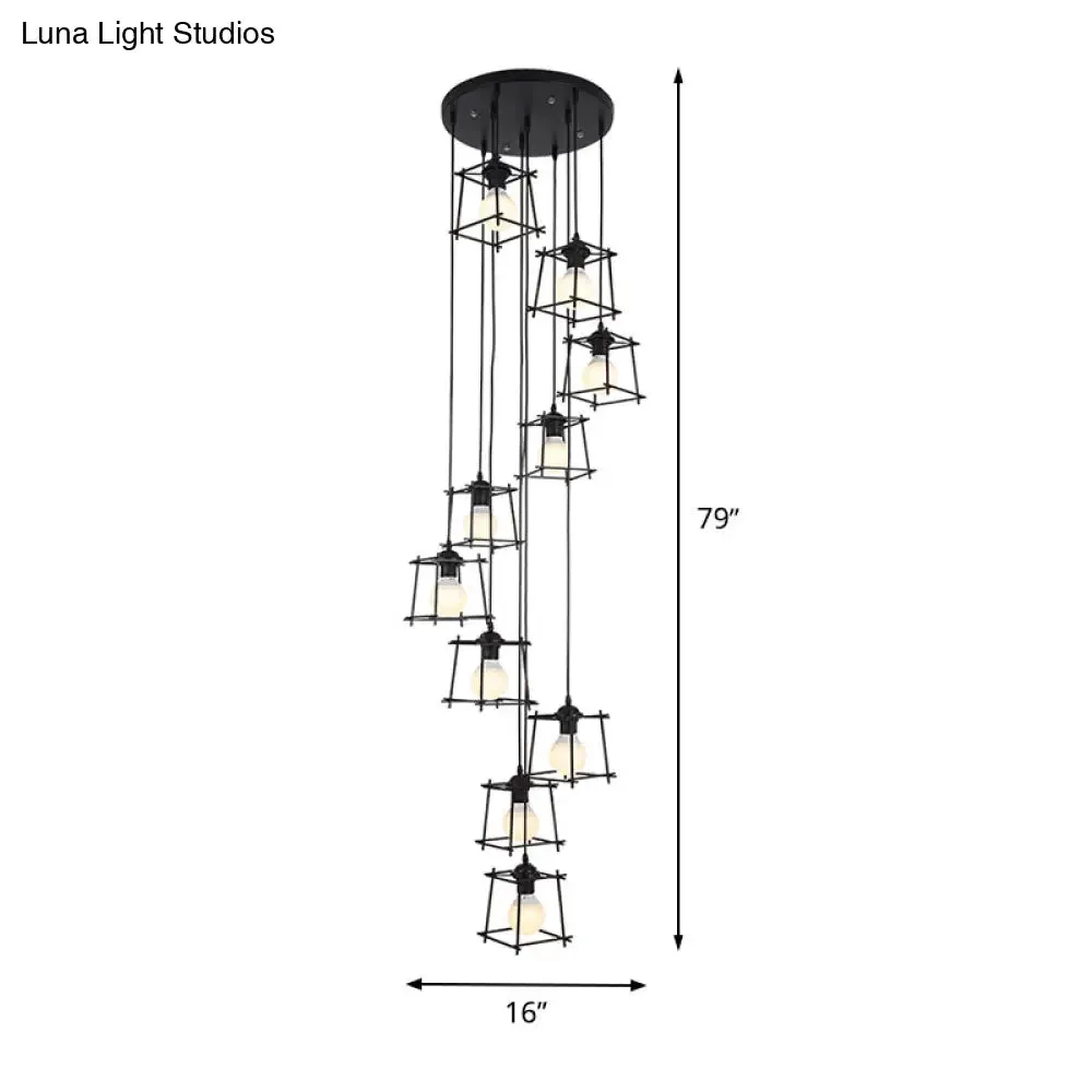 Minimalist Metallic Cube Cage Stair Pendant Light Chandelier - 10 Bulbs, Black Finish