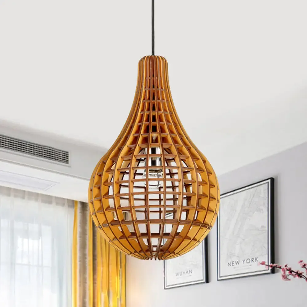 Minimalist Wooden Raindrop Pendant Lighting - 1-Light Brown Suspension Light with Grid Design
