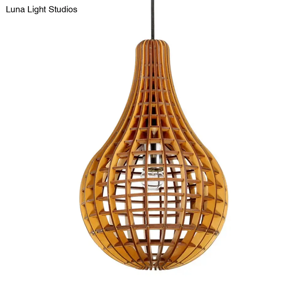 Minimalist Wooden Raindrop Pendant Lighting - 1-Light Brown Suspension Light with Grid Design