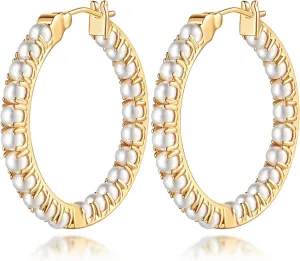 Pearl Earrings for Women Gold Pearl Earrings Hoop Earring for Women 14K Gold Hoop Earring Huggie Hoops 20/30mm