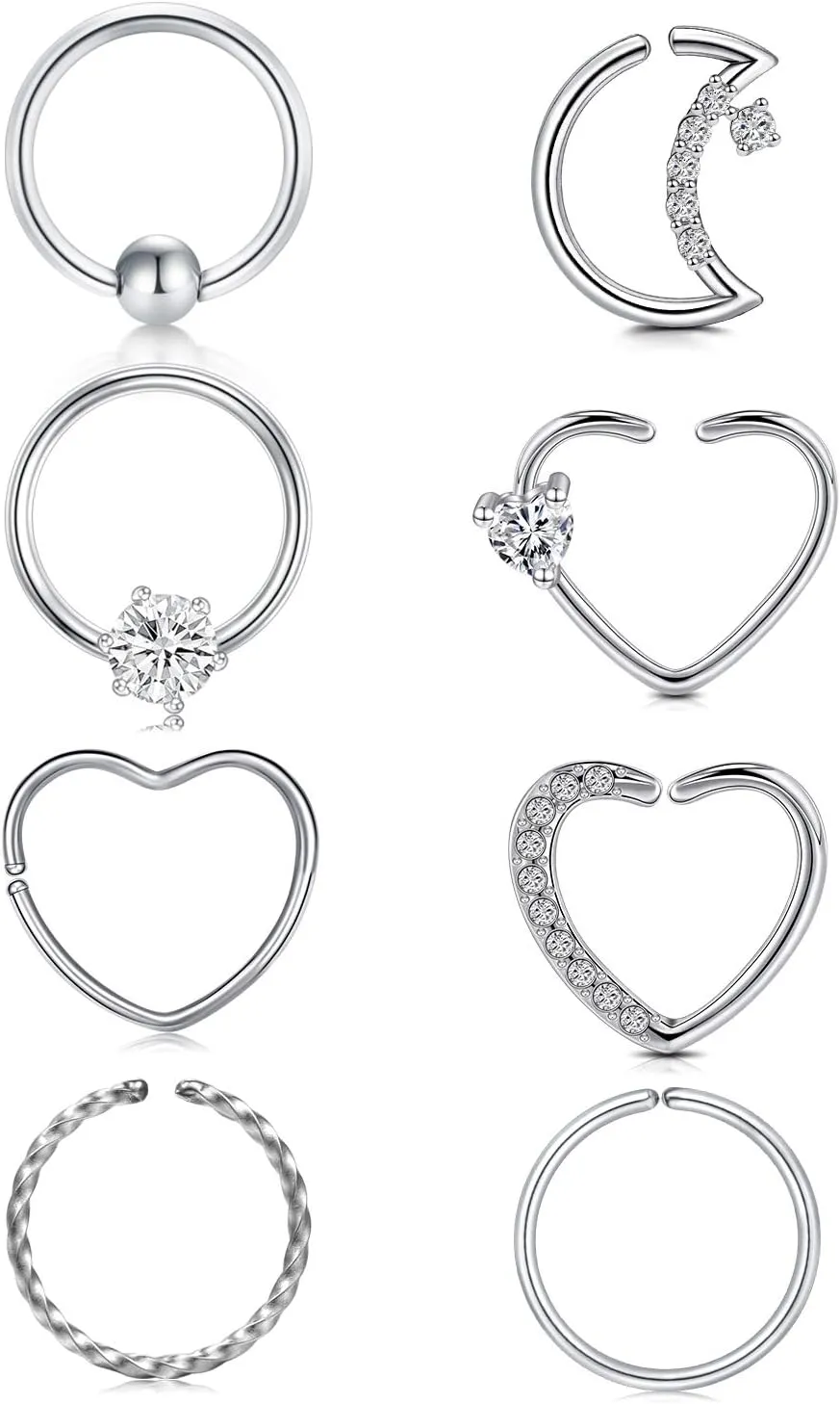 QWALIT 16g 20g Daith Earrings Heart Moon Daith Piercing Jewelry for Women Tragus Hoop Surgical Steel Helix Cartilage Earring Hoop CZ Small Hoop Earring Silver Rose Gold