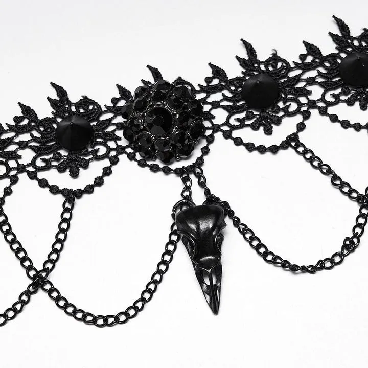Red Death Floral Choker With Bird Skull Brooch