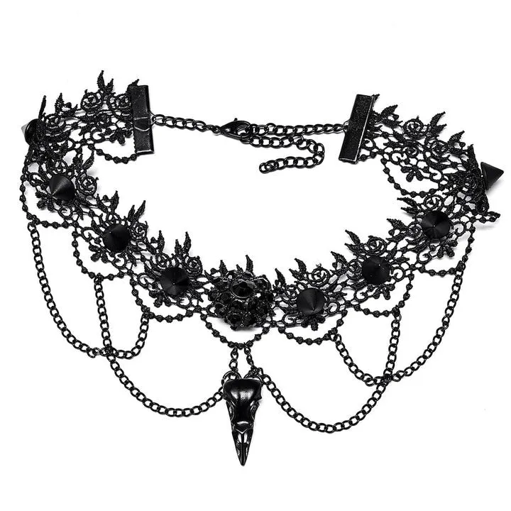 Red Death Floral Choker With Bird Skull Brooch