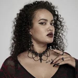 Red Death Floral Choker With Bird Skull Brooch
