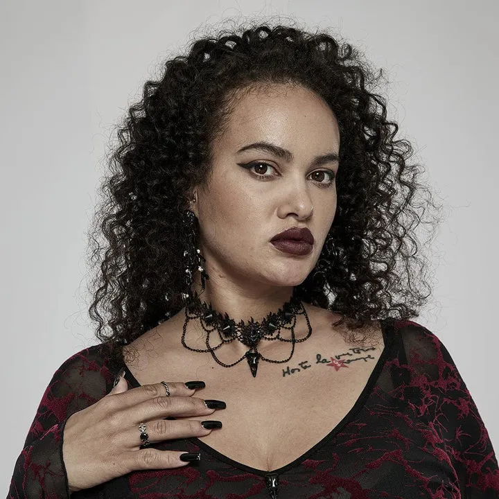 Red Death Floral Choker With Bird Skull Brooch