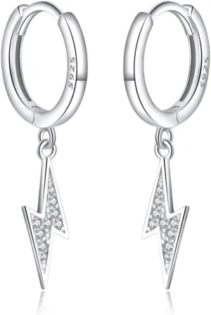 Reffeer Solid 925 Sterling Silver Lightning Bolt Drop Hoop Earrings for Women Teens CZ Lightning Bolt Hoop Earrings Huggie