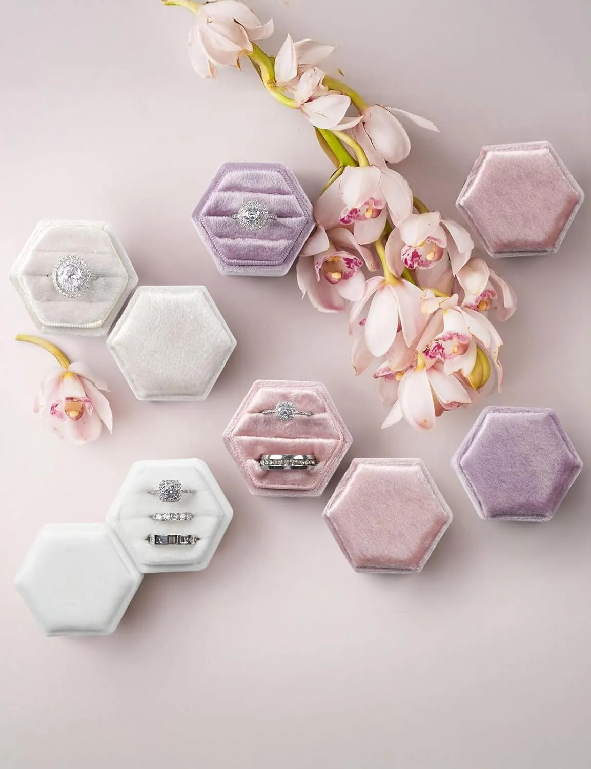 Sovia Velvet Hexagon Ring Box - 3 Slots for Wedding, Engagement, Proposal - Premium Jewelry Case for Bridal Photo