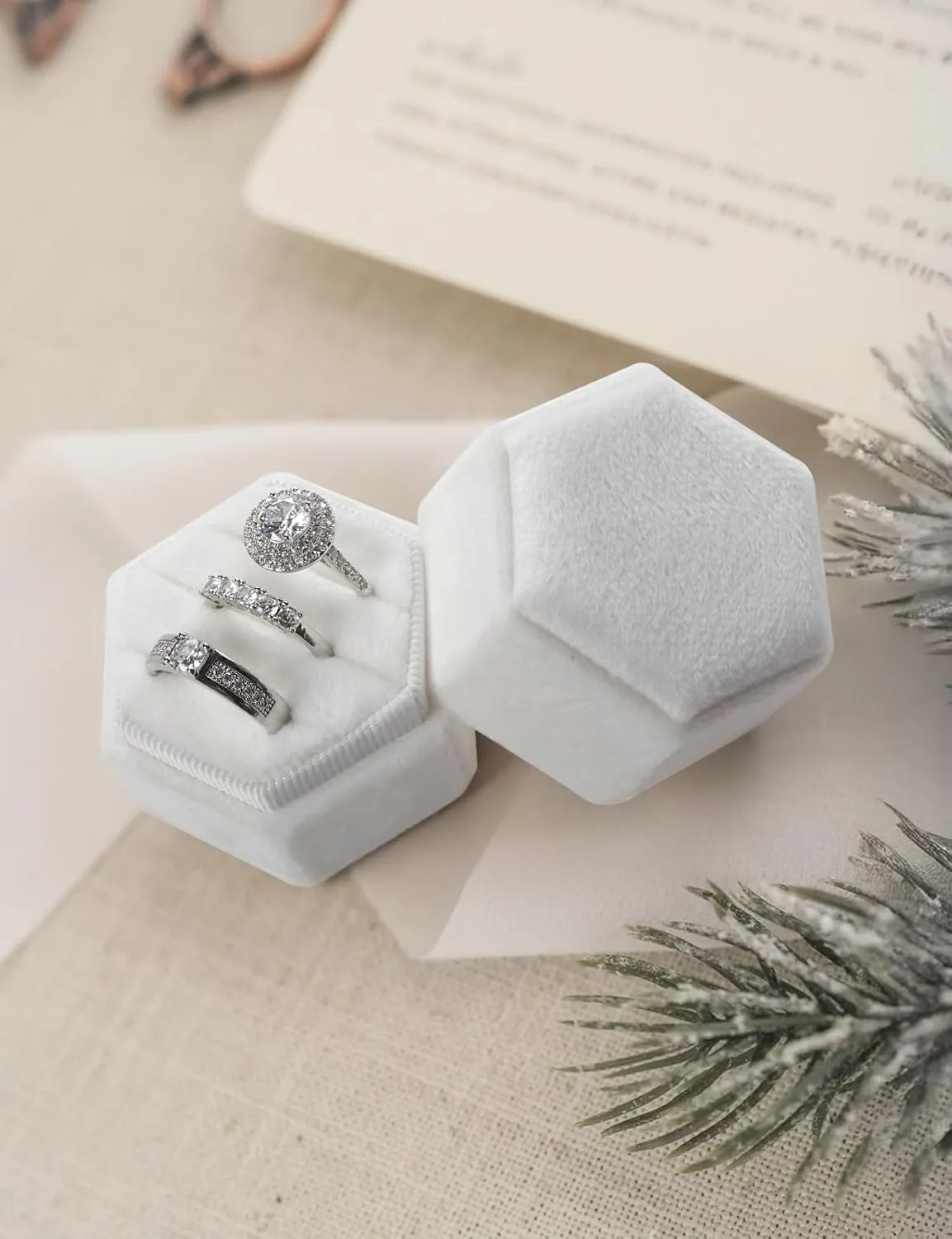 Sovia Velvet Hexagon Ring Box - 3 Slots for Wedding, Engagement, Proposal - Premium Jewelry Case for Bridal Photo