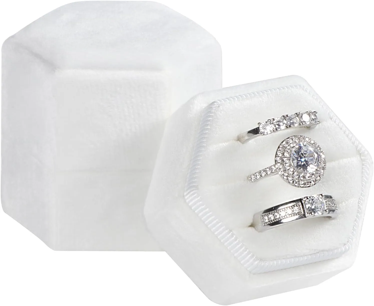 Sovia Velvet Hexagon Ring Box - 3 Slots for Wedding, Engagement, Proposal - Premium Jewelry Case for Bridal Photo