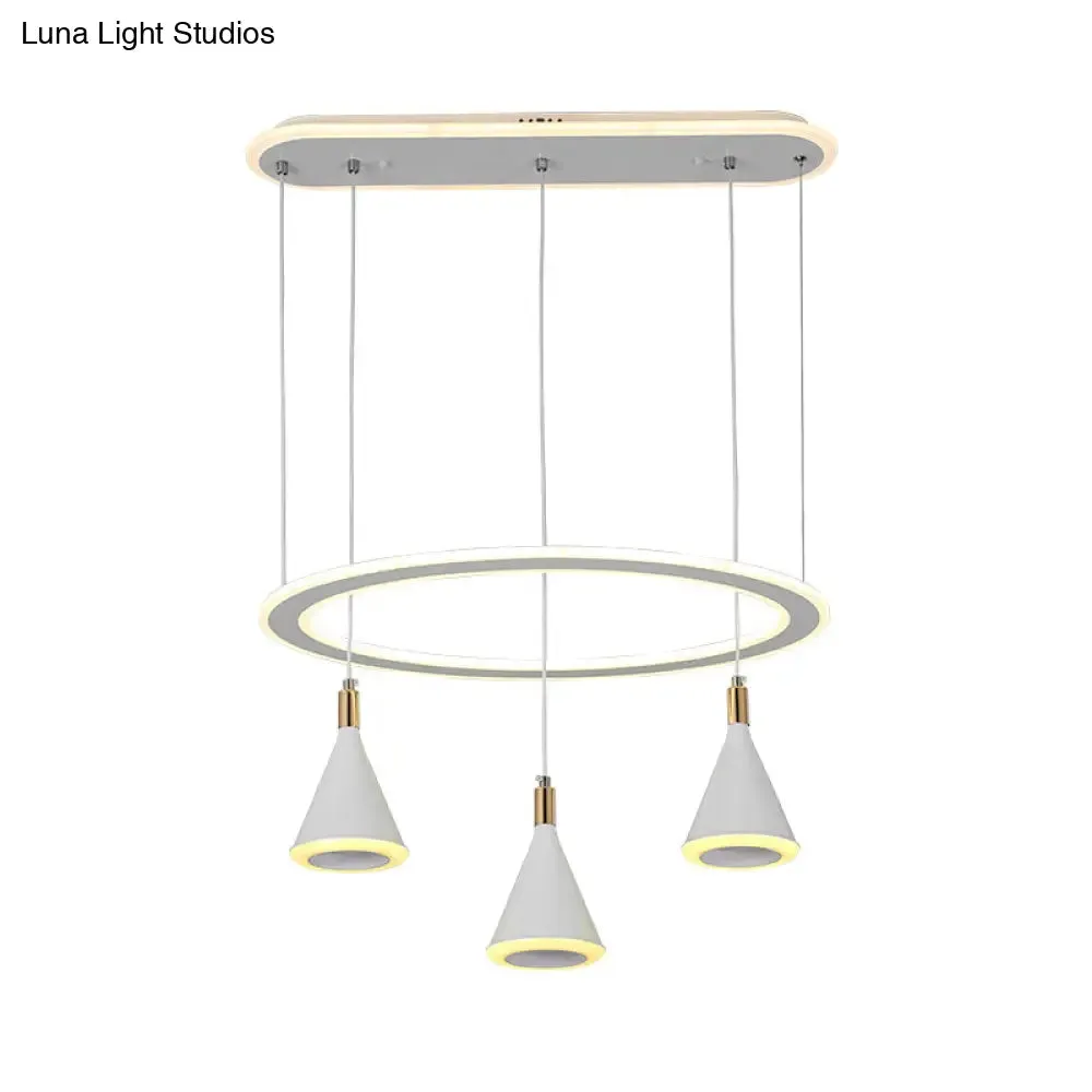 White Cone LED Pendant Light Kit with Loop Shelf - Minimalist 3-Light Acrylic Hanging Lamp