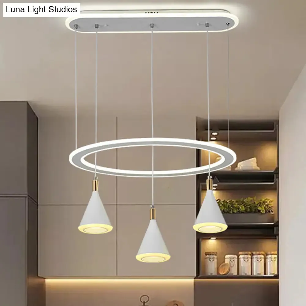 White Cone LED Pendant Light Kit with Loop Shelf - Minimalist 3-Light Acrylic Hanging Lamp