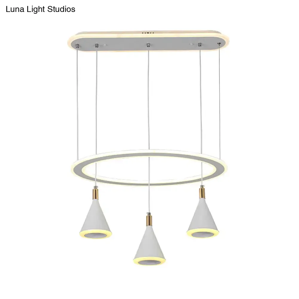 White Cone LED Pendant Light Kit with Loop Shelf - Minimalist 3-Light Acrylic Hanging Lamp
