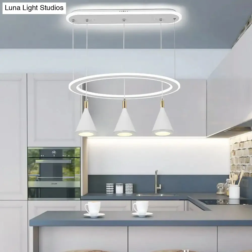 White Cone LED Pendant Light Kit with Loop Shelf - Minimalist 3-Light Acrylic Hanging Lamp