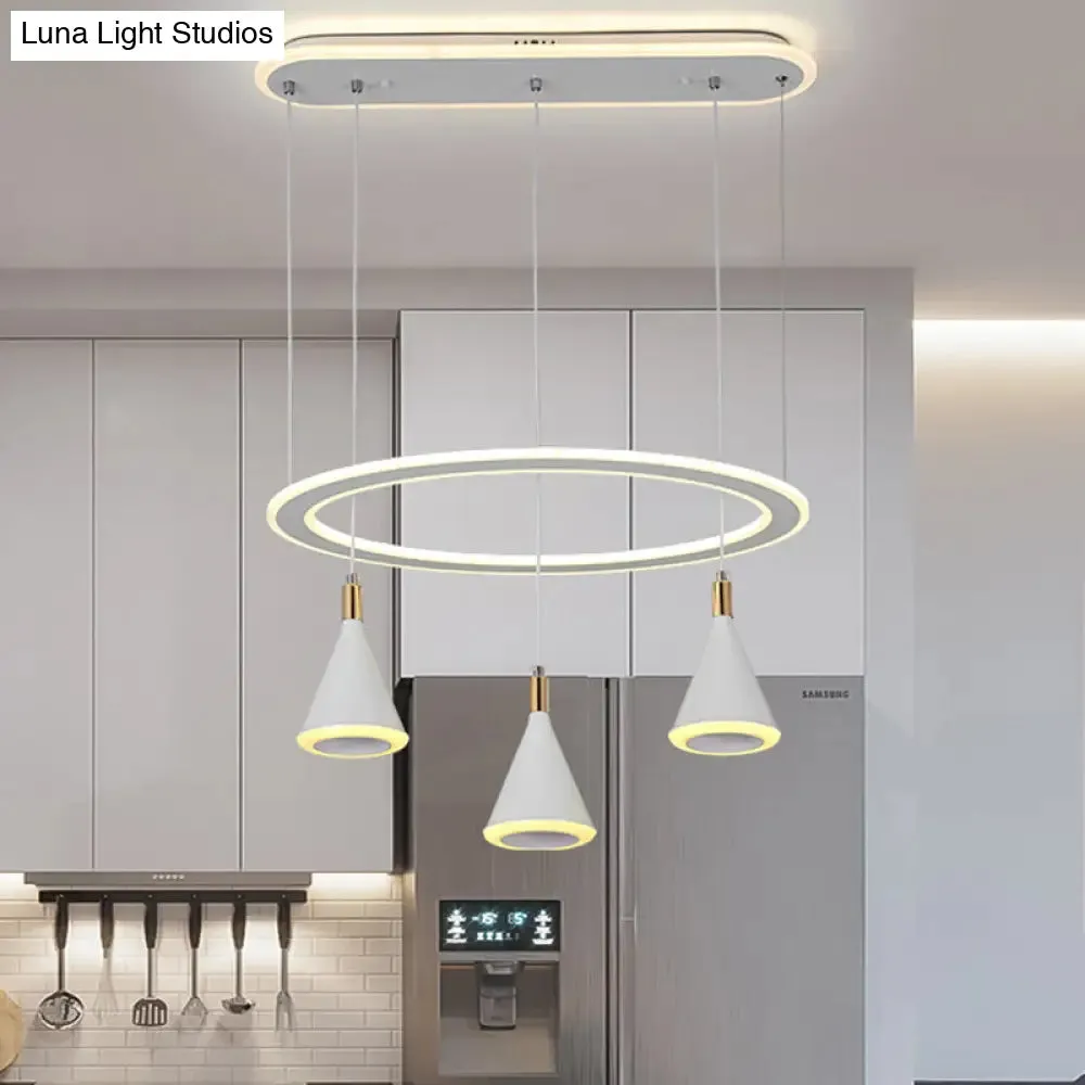 White Cone LED Pendant Light Kit with Loop Shelf - Minimalist 3-Light Acrylic Hanging Lamp