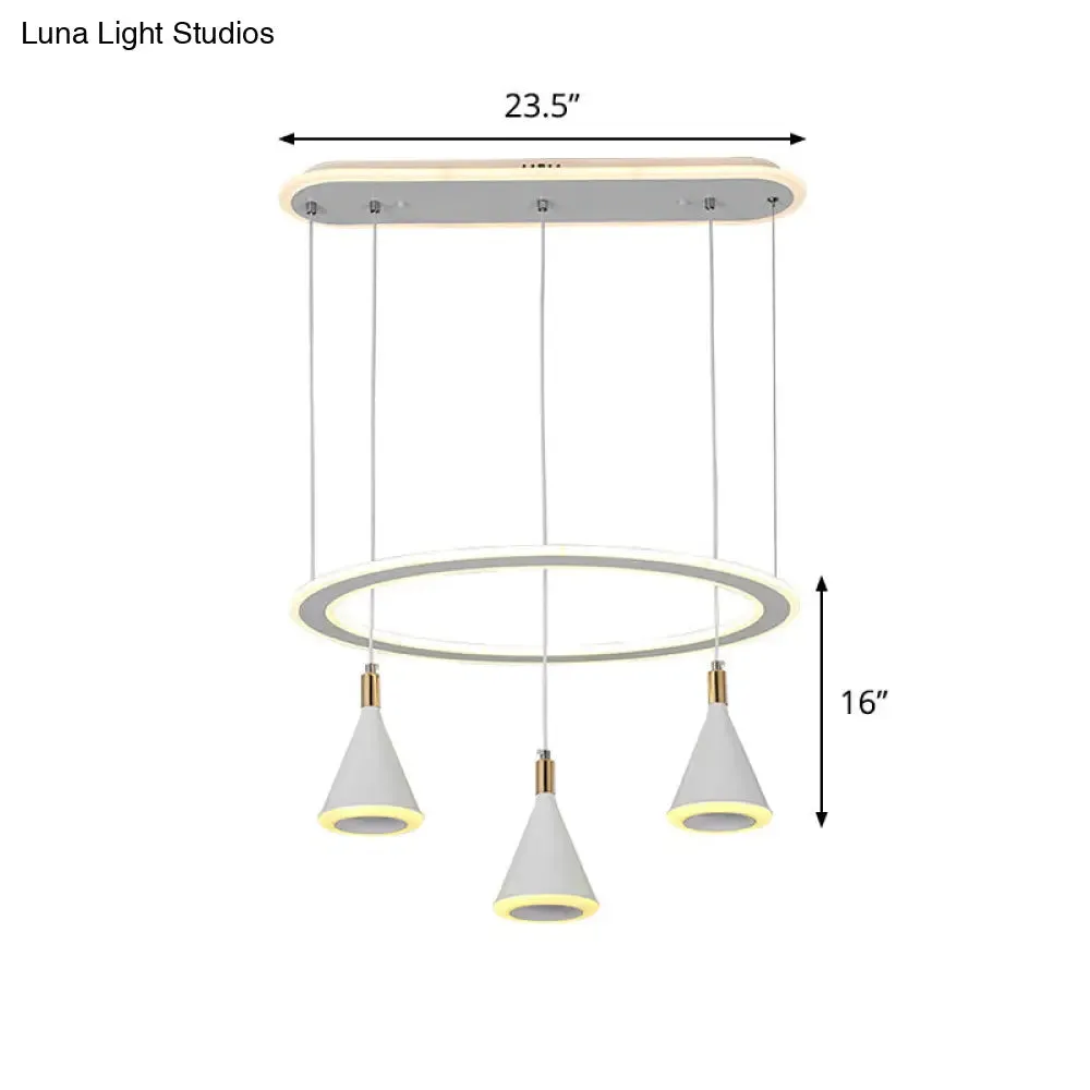 White Cone LED Pendant Light Kit with Loop Shelf - Minimalist 3-Light Acrylic Hanging Lamp