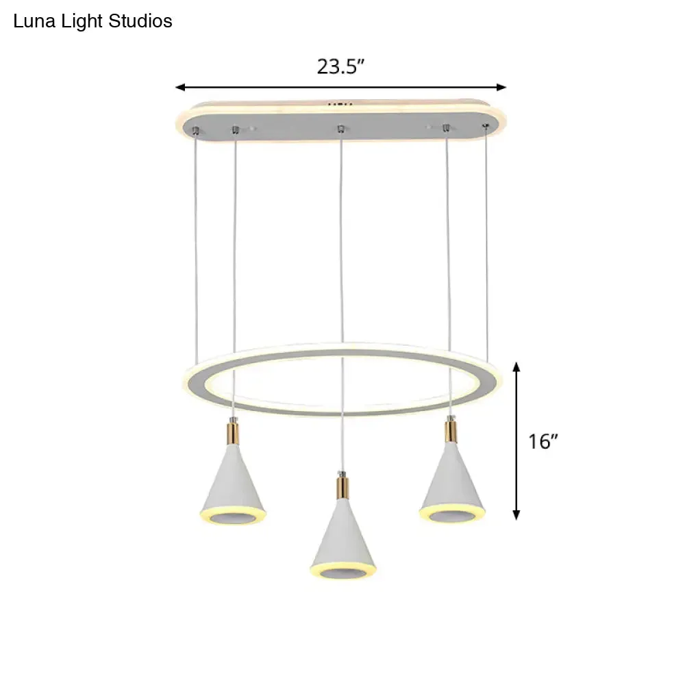 White Cone LED Pendant Light Kit with Loop Shelf - Minimalist 3-Light Acrylic Hanging Lamp